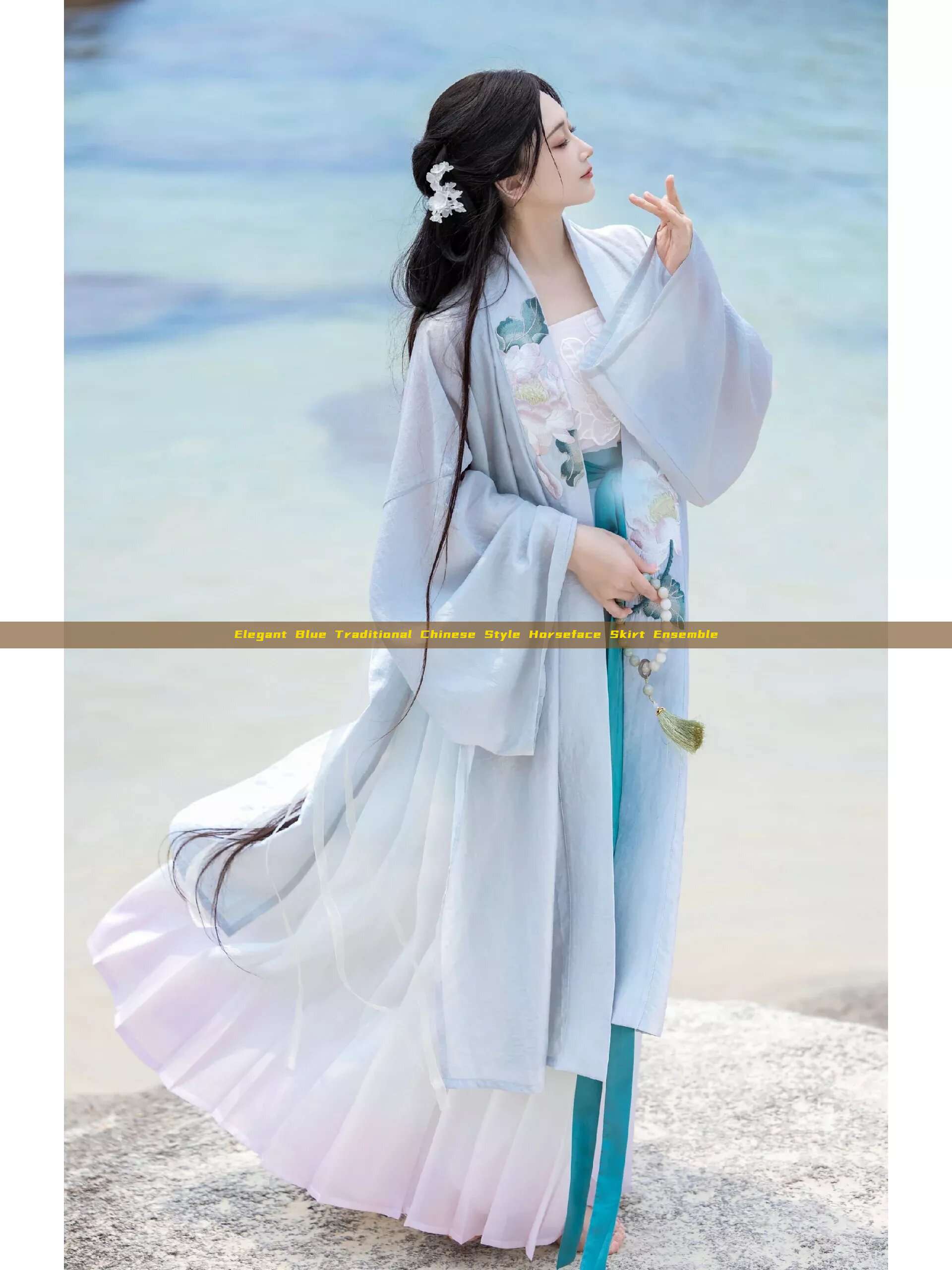 Elegant Blue Traditional Chinese Style Horseface Skirt Ensemble