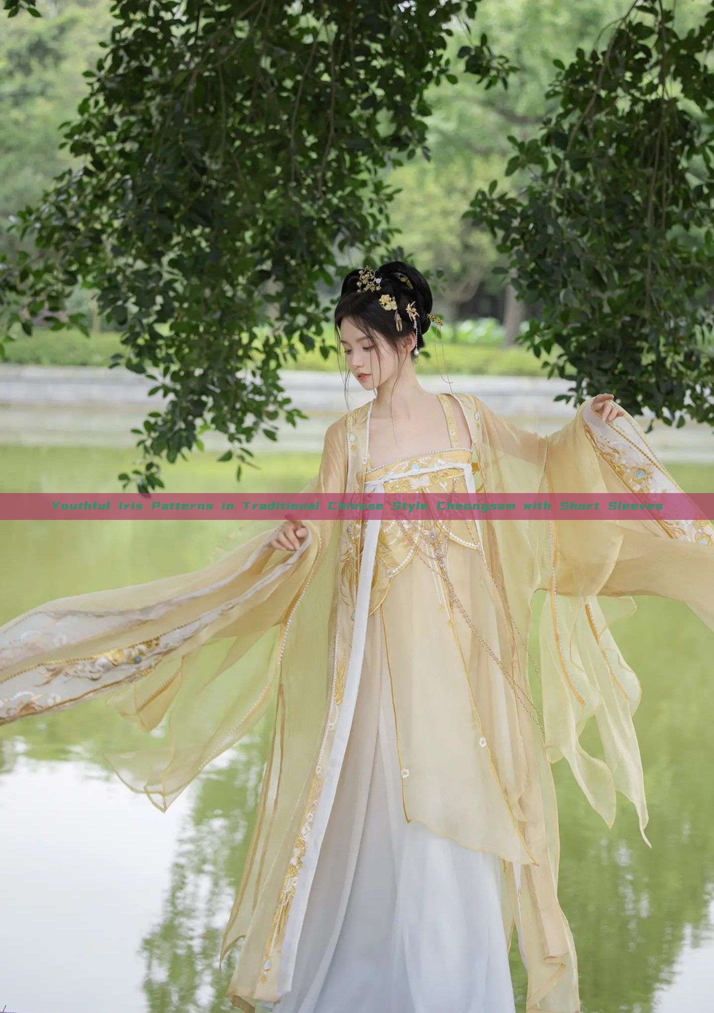 Youthful Iris Patterns in Traditional Chinese Style Cheongsam with Short Sleeves Youthful Iris Patterns in Traditional Chinese Style Cheongsam with Short Sleeves